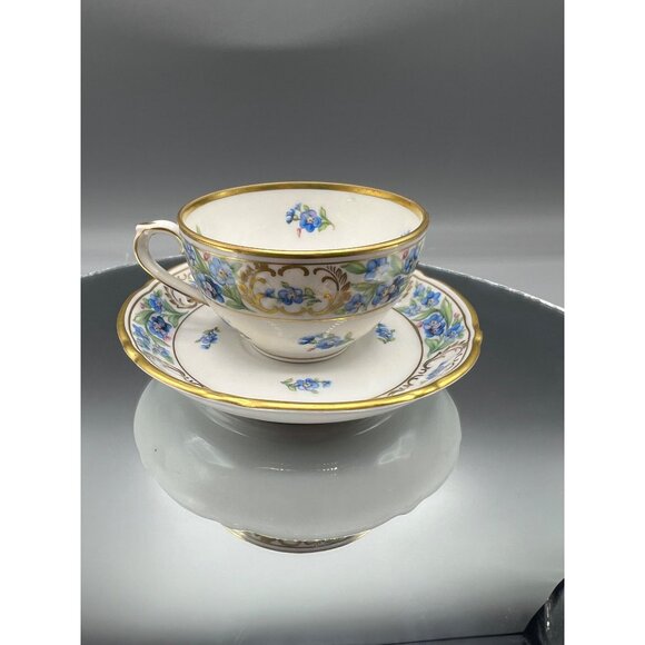 Vtg Schumann Bavarian Teacup & Saucer Set Demi Tasse Forget Me Not Blue Gold Rim - Picture 10 of 11